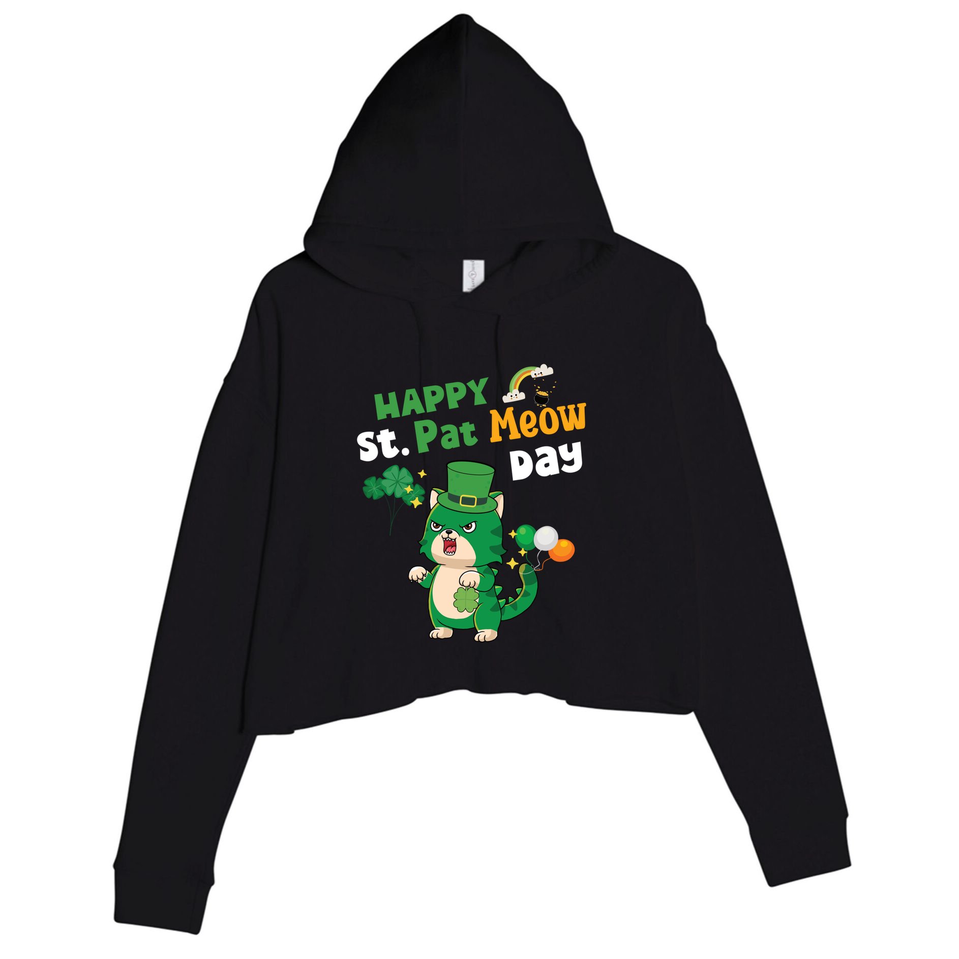 Happy St Pat Meow Day Lucky Shamrock Cat Funny Cats Lovers Gift Crop Fleece Hoodie