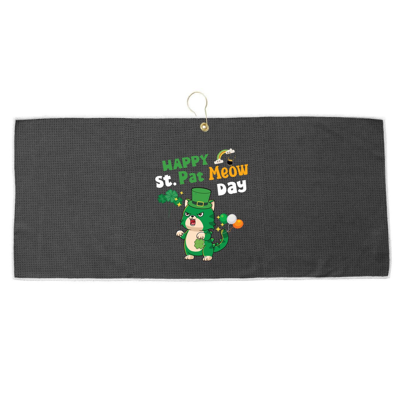 Happy St Pat Meow Day Lucky Shamrock Cat Funny Cats Lovers Gift Large Microfiber Waffle Golf Towel