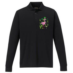 Happy St Patrick's Day Irish Flamingo Saint Pattys Paddys  Performance Long Sleeve Polo