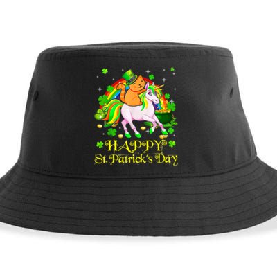 Happy St. Patrick's Day Leprechaun Cat Riding Unicorn Hat Sustainable Bucket Hat