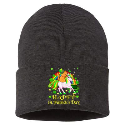 Happy St. Patrick's Day Leprechaun Cat Riding Unicorn Hat Sustainable Knit Beanie