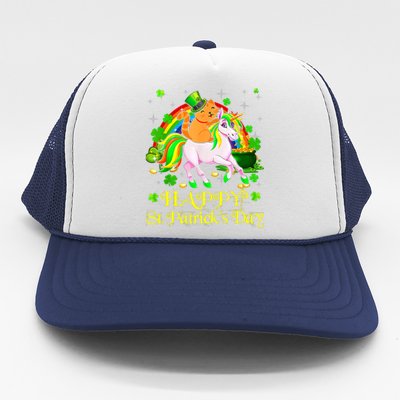 Happy St. Patrick's Day Leprechaun Cat Riding Unicorn Hat Trucker Hat