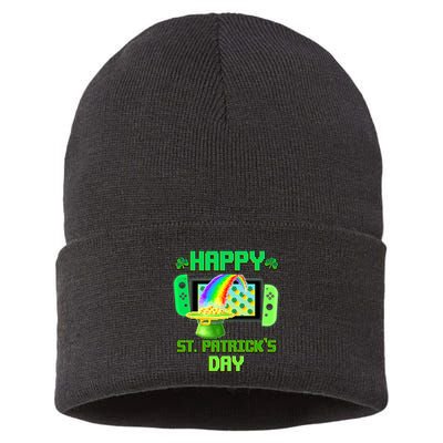 Happy St Patricks Day Retro Pixel Video Game Sustainable Knit Beanie
