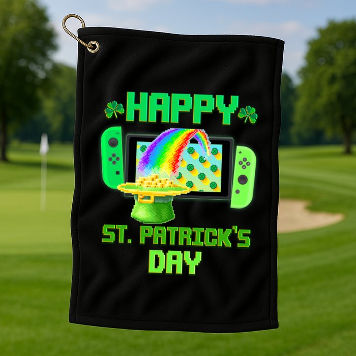 Happy St Patricks Day Retro Pixel Video Game Golf Towel