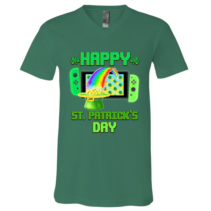 Happy St Patricks Day Retro Pixel Video Game V-Neck T-Shirt