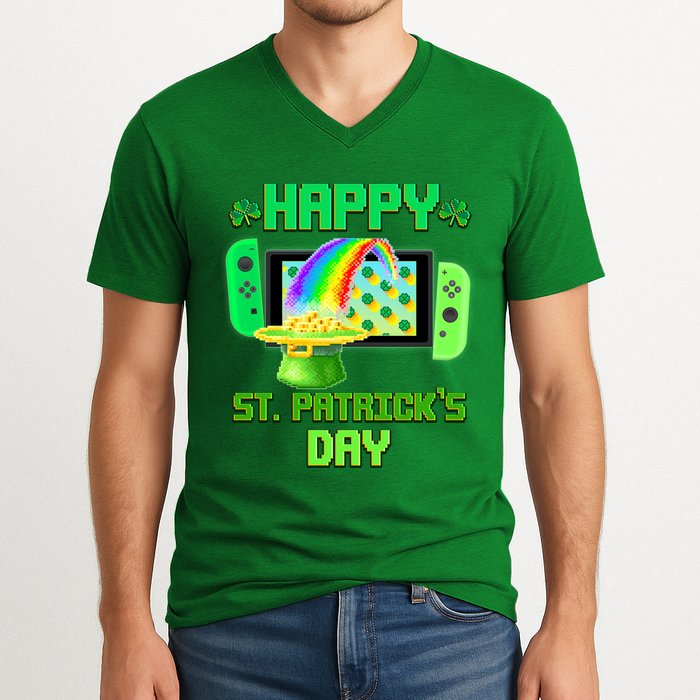 Happy St Patricks Day Retro Pixel Video Game V-Neck T-Shirt