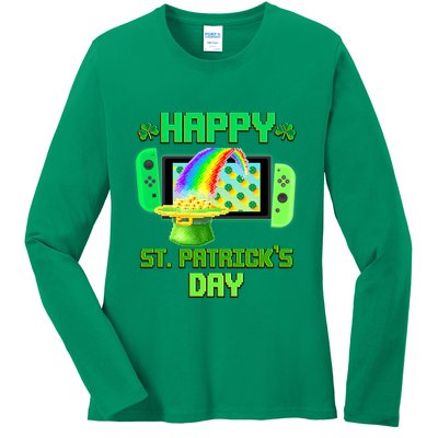 Happy St Patricks Day Retro Pixel Video Game Ladies Long Sleeve Shirt