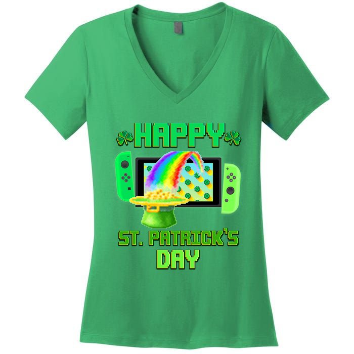 Happy St Patricks Day Retro Pixel Video Game Women's V-Neck T-Shirt