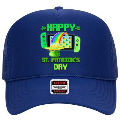 Happy St Patricks Day Retro Pixel Video Game High Crown Mesh Back Trucker Hat