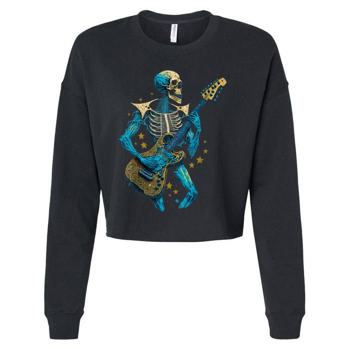 Halloween Skeleton Playing A Guitar Rock Halloween Cropped Pullover Crew