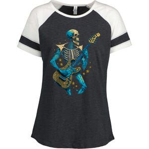 Halloween Skeleton Playing A Guitar Rock Halloween Enza Ladies Jersey Colorblock Tee