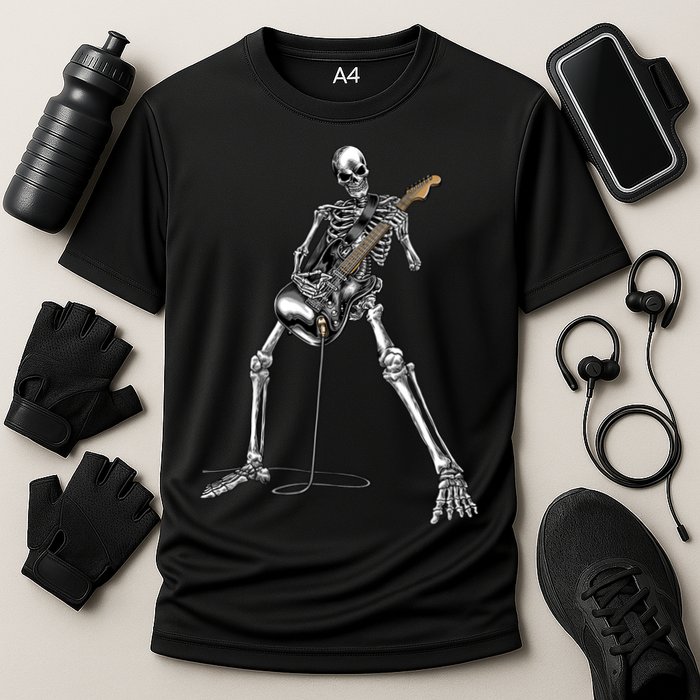 Halloween Skeleton Playing Guitar Rock And Roll Band Tees Cooling Performance Crew T-Shirt