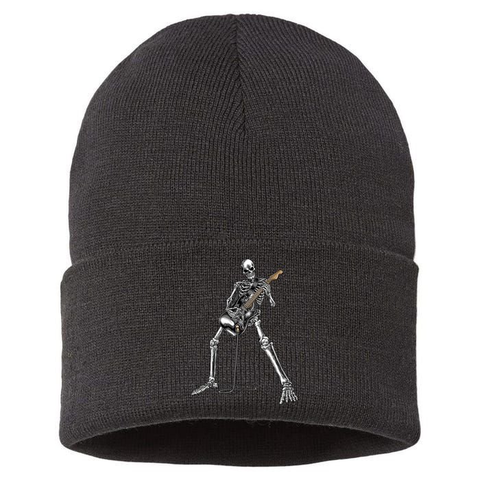 Halloween Skeleton Playing Guitar Rock And Roll Band Tees Sustainable Knit Beanie