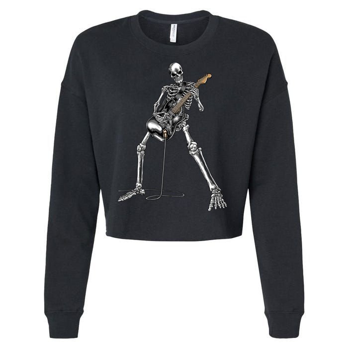 Halloween Skeleton Playing Guitar Rock And Roll Band Tees Cropped Pullover Crew
