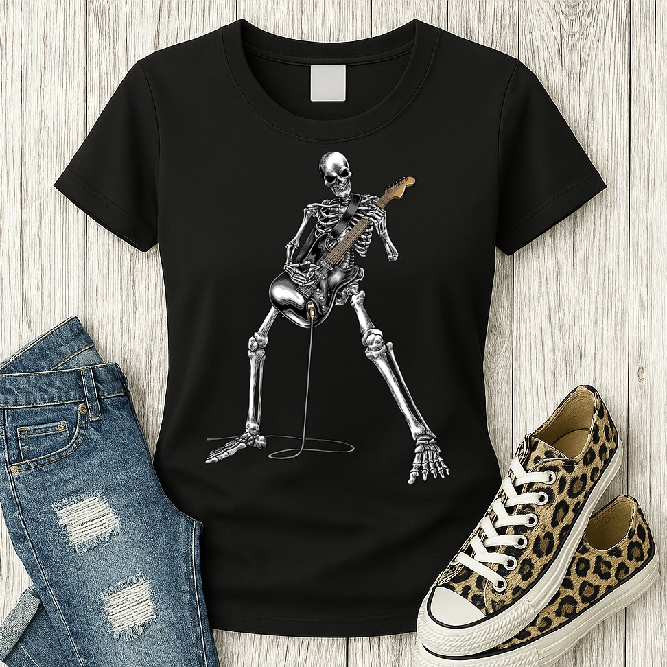 Halloween Skeleton Playing Guitar Rock And Roll Band Tees Womens T-Shirt