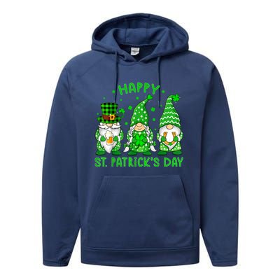 Happy St Patrick's Day Three Gnomes Shamrock Women Performance Fleece Hoodie