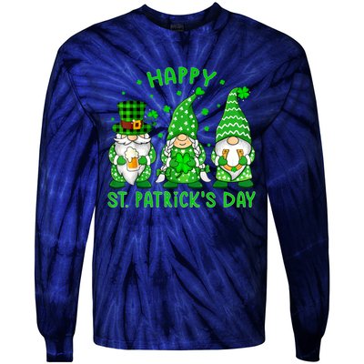 Happy St Patrick's Day Three Gnomes Shamrock Women Tie-Dye Long Sleeve Shirt