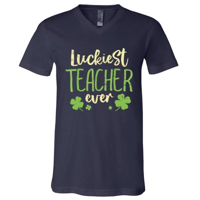 Happy St Patricks Day Luckiest Teacher Ever Teaching Gift V-Neck T-Shirt