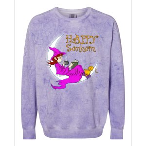 Happy Samhain Purple Witch Books Coffee Cats Moon Halloween Meaningful Gift Colorblast Crewneck Sweatshirt