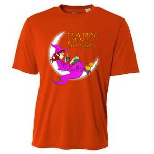 Happy Samhain Purple Witch Books Coffee Cats Moon Halloween Meaningful Gift Cooling Performance Crew T-Shirt