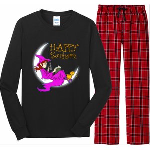 Happy Samhain Purple Witch Books Coffee Cats Moon Halloween Meaningful Gift Long Sleeve Pajama Set