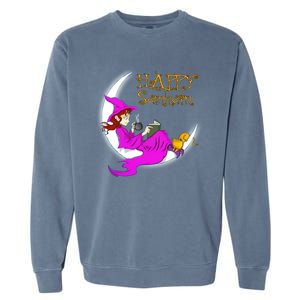 Happy Samhain Purple Witch Books Coffee Cats Moon Halloween Meaningful Gift Garment-Dyed Sweatshirt