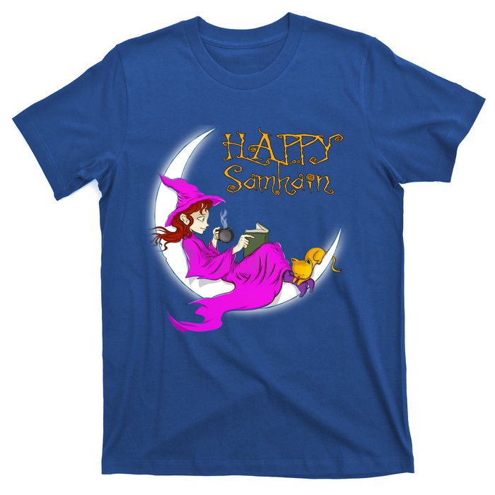 Happy Samhain Purple Witch Books Coffee Cats Moon Halloween Meaningful Gift T-Shirt