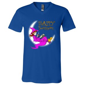 Happy Samhain Purple Witch Books Coffee Cats Moon Halloween Meaningful Gift V-Neck T-Shirt