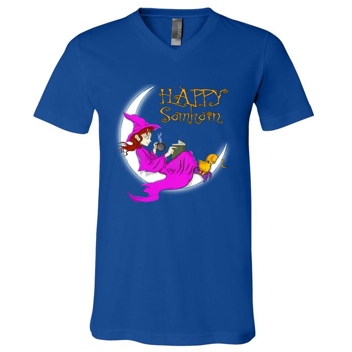 Happy Samhain Purple Witch Books Coffee Cats Moon Halloween Meaningful Gift V-Neck T-Shirt