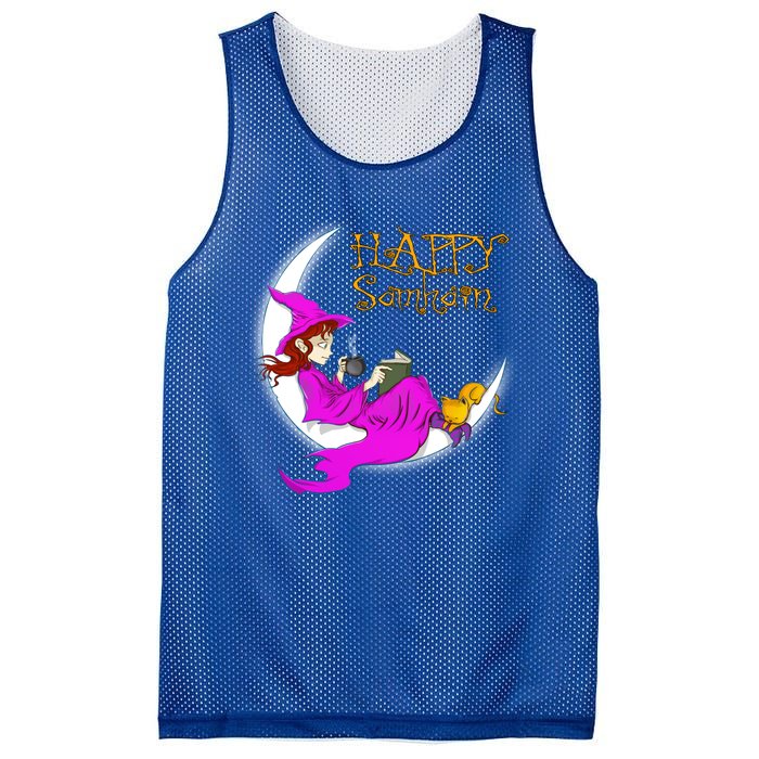 Happy Samhain Purple Witch Books Coffee Cats Moon Halloween Meaningful Gift Mesh Reversible Basketball Jersey Tank