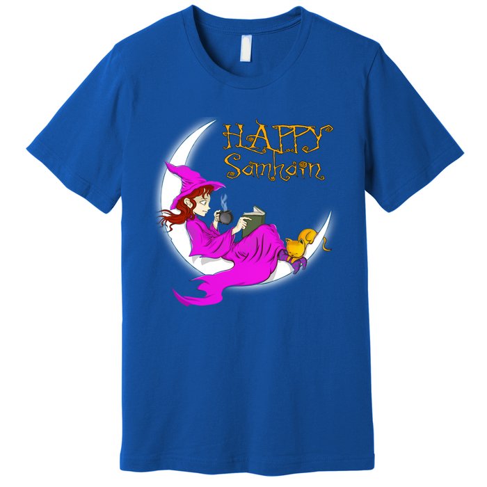 Happy Samhain Purple Witch Books Coffee Cats Moon Halloween Meaningful Gift Premium T-Shirt