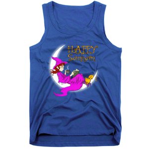 Happy Samhain Purple Witch Books Coffee Cats Moon Halloween Meaningful Gift Tank Top