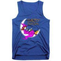 Happy Samhain Purple Witch Books Coffee Cats Moon Halloween Meaningful Gift Tank Top