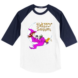 Happy Samhain Purple Witch Books Coffee Cats Moon Halloween Meaningful Gift Baseball Sleeve Shirt