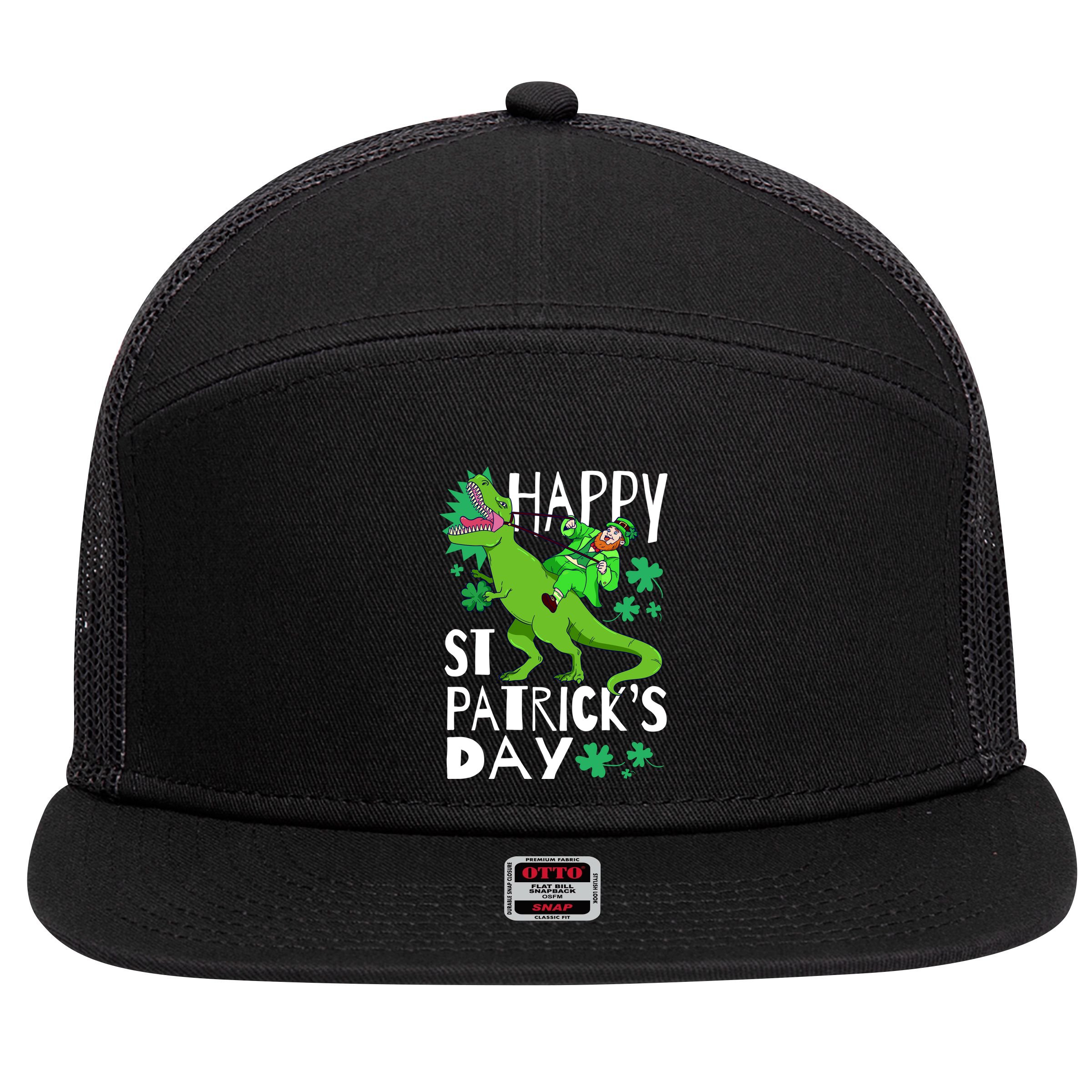 Happy St. Patrick's Day TRex Leprechaun Irish Clover 7 Panel Mesh Trucker Snapback Hat