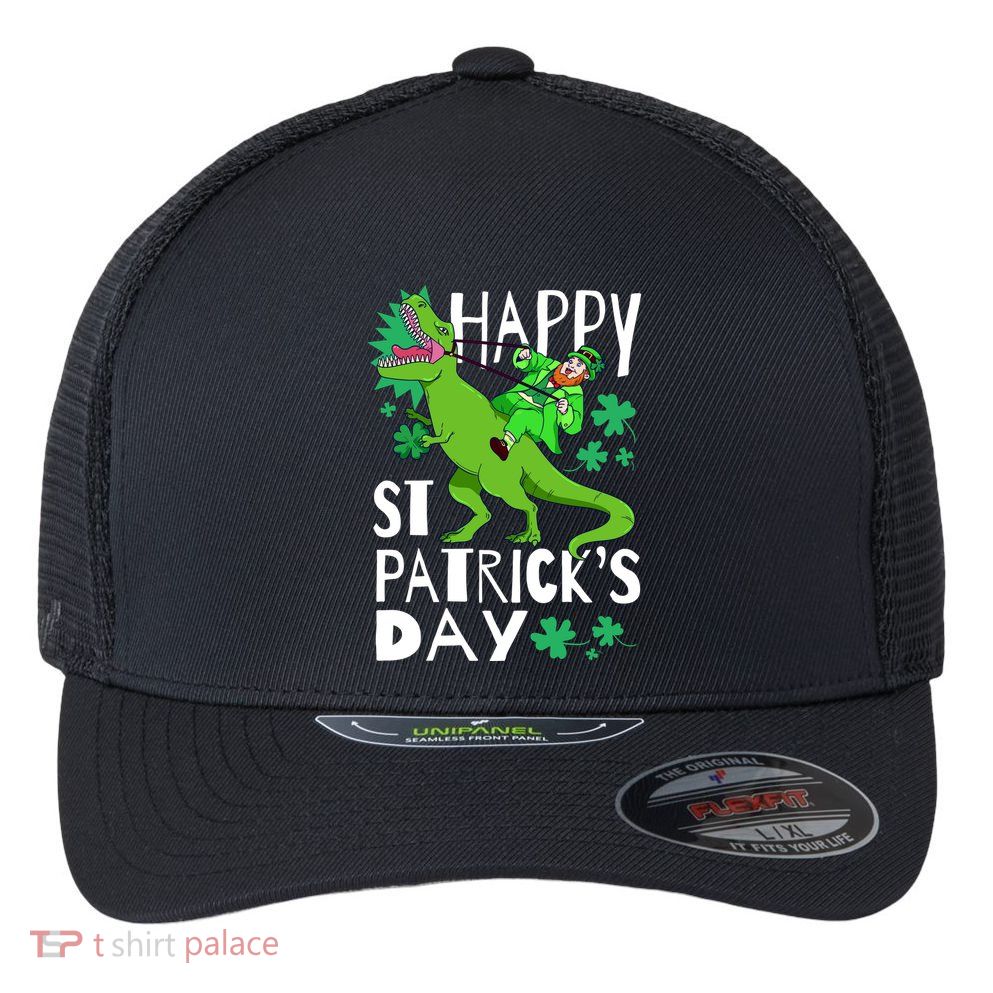 Happy St. Patrick's Day TRex Leprechaun Irish Clover Flexfit Unipanel Trucker Cap