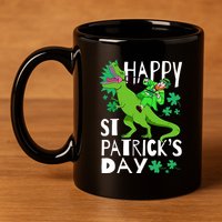 Happy St. Patrick's Day TRex Leprechaun Irish Clover 11oz C Handle Ceramic Mug