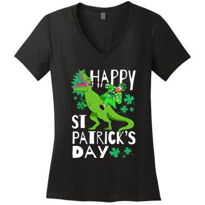 Happy St. Patrick's Day TRex Leprechaun Irish Clover Women's V-Neck T-Shirt