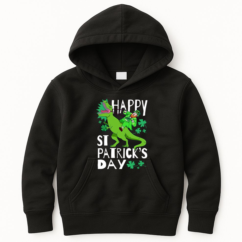 Happy St. Patrick's Day TRex Leprechaun Irish Clover Kids Hoodie