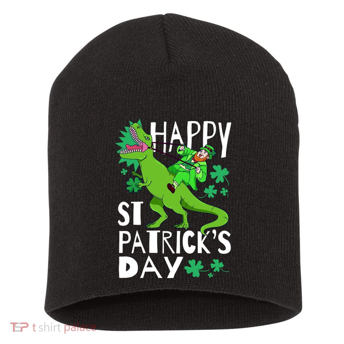 Happy St. Patrick's Day TRex Leprechaun Irish Clover Short Acrylic Beanie