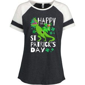 Happy St. Patrick's Day TRex Leprechaun Irish Clover Enza Ladies Jersey Colorblock Tee