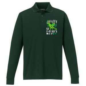 Happy St. Patrick's Day TRex Leprechaun Irish Clover Performance Long Sleeve Polo