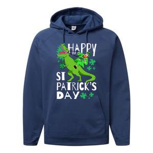 Happy St. Patrick's Day TRex Leprechaun Irish Clover Performance Fleece Hoodie