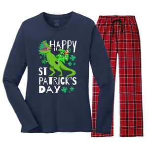 Happy St. Patrick's Day TRex Leprechaun Irish Clover Women's Long Sleeve Flannel Pajama Set 