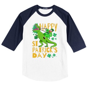 Happy St. Patrick's Day TRex Leprechaun Irish Clover Baseball Sleeve Shirt