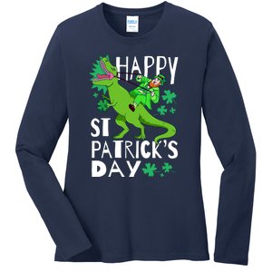 Happy St. Patrick's Day TRex Leprechaun Irish Clover Ladies Long Sleeve Shirt