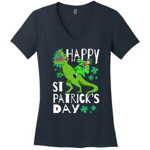 Happy St. Patrick's Day TRex Leprechaun Irish Clover Women's V-Neck T-Shirt