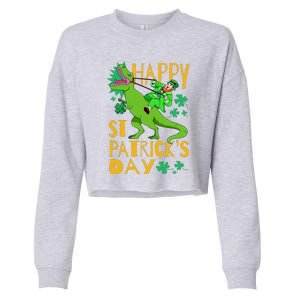 Happy St. Patrick's Day TRex Leprechaun Irish Clover Cropped Pullover Crew