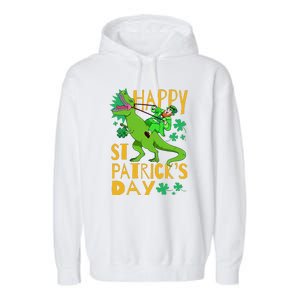 Happy St. Patrick's Day TRex Leprechaun Irish Clover Garment-Dyed Fleece Hoodie