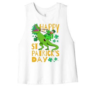 Happy St. Patrick's Day TRex Leprechaun Irish Clover Women's Racerback Cropped Tank